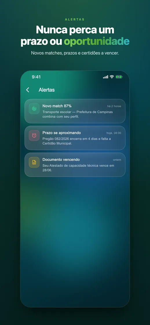 Alertas de novos matches, prazos e certidões a vencer