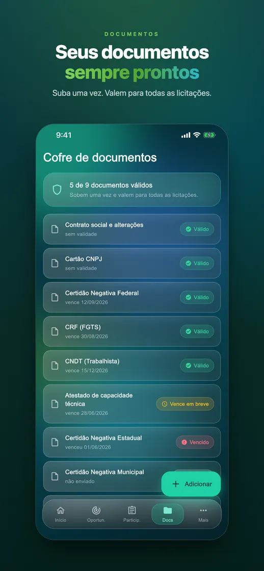 Cofre de documentos do app com certidões e datas de validade