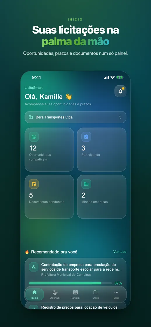 Tela inicial do app LicitaSmart: oportunidades compatíveis, participações e documentos pendentes