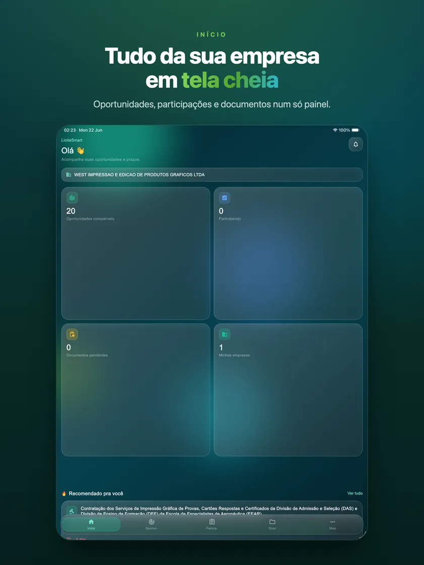LicitaSmart no iPad: painel inicial da empresa em tela cheia
