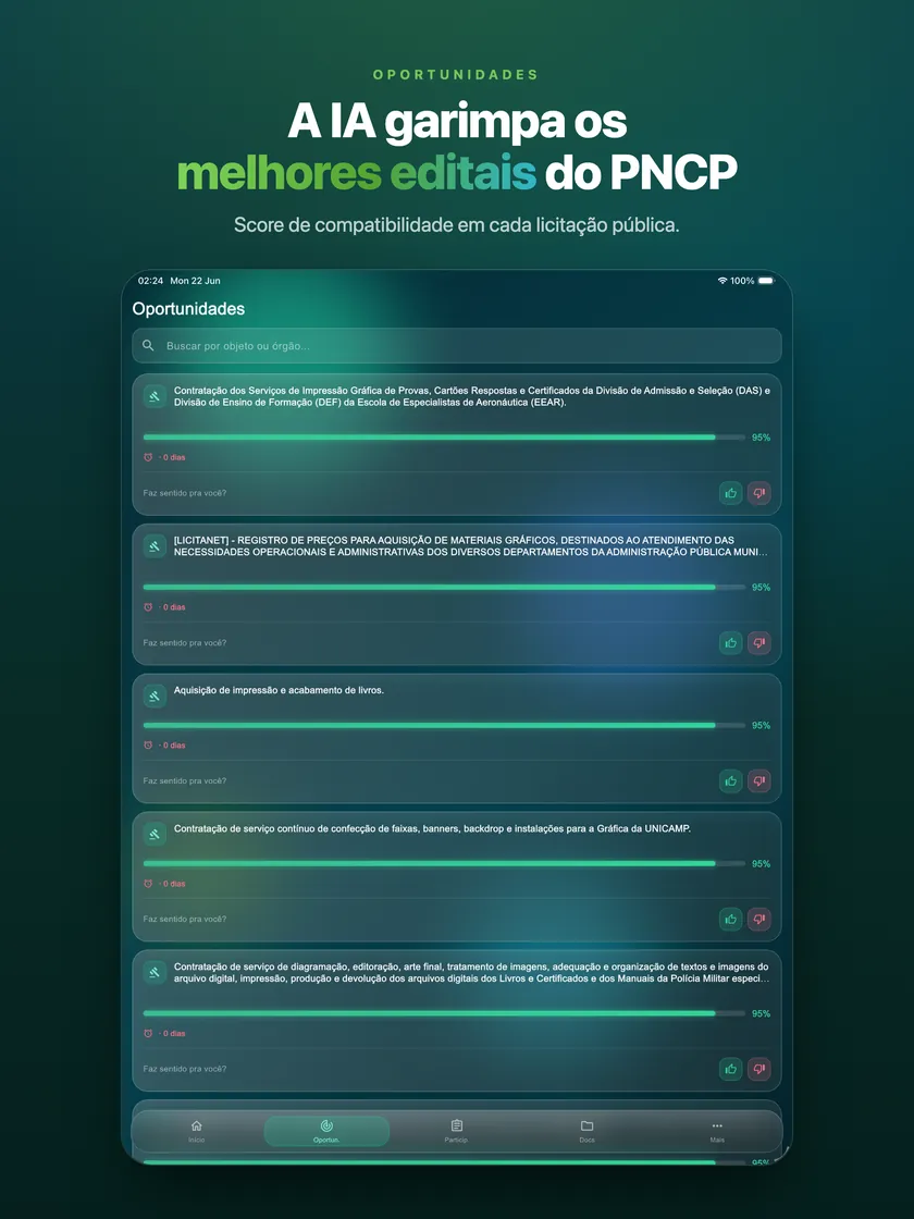 Oportunidades do PNCP no iPad com score de compatibilidade