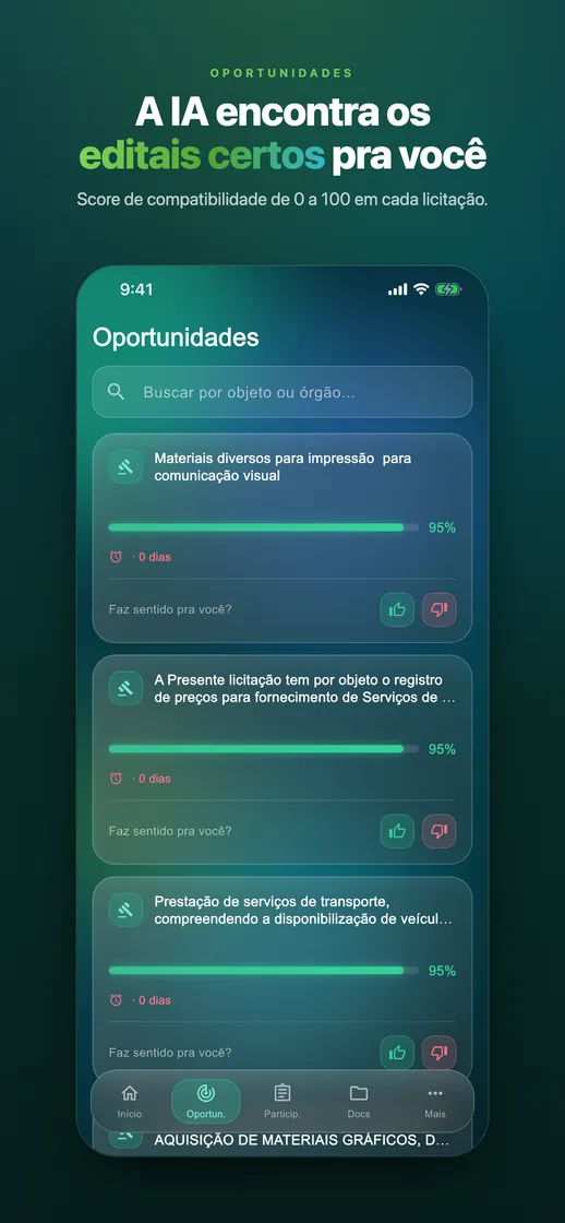 Lista de oportunidades do app com score de compatibilidade de cada edital