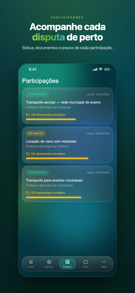Acompanhamento das participações em licitações com status e prazos